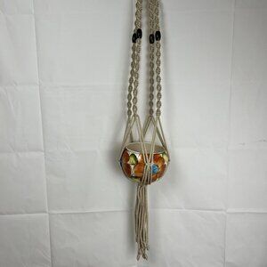 Vtg Macrame Wood Beads Hanging Plant Holder 56" L White Boho Handmade